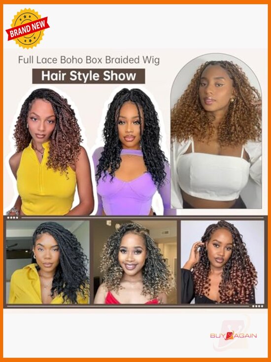 Boho Box Braid Wig Full Lace Knotless with Baby Hair Curly Ends 16 Inch main image 4